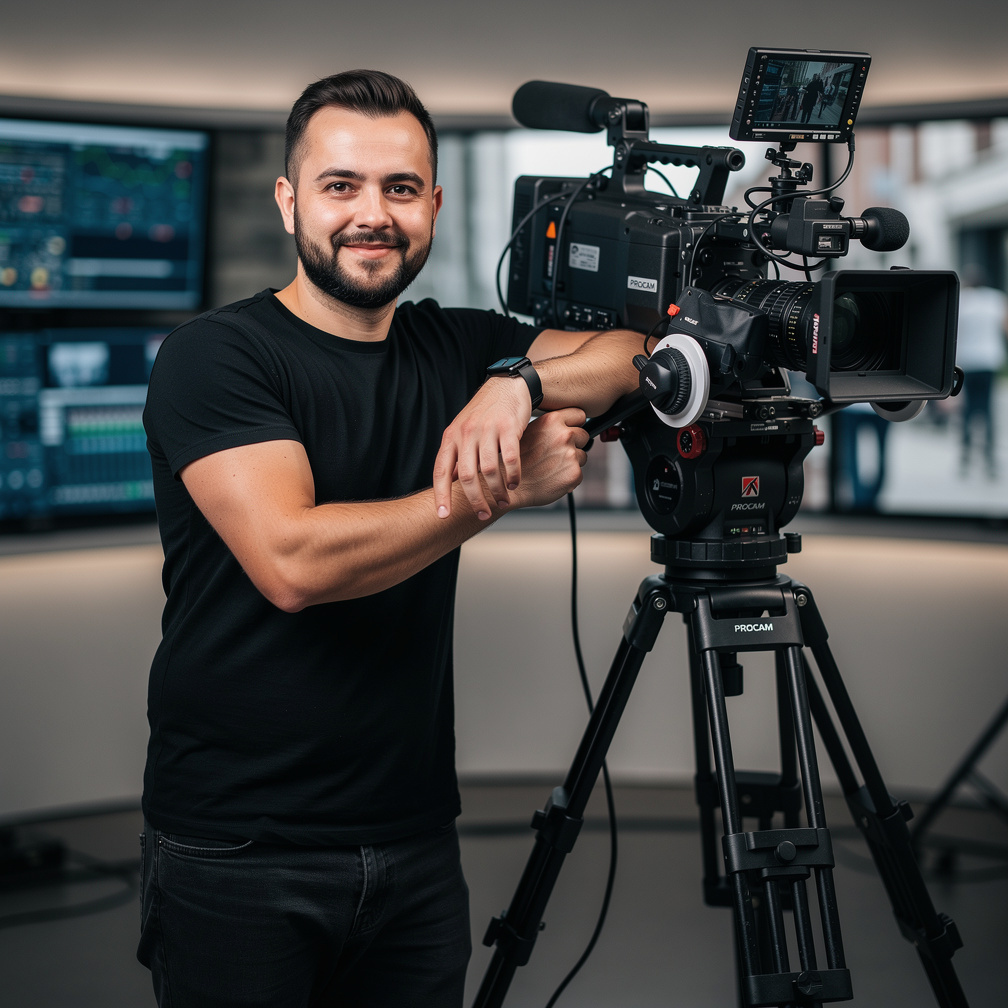 Male camera operator portrait with broadcast camera