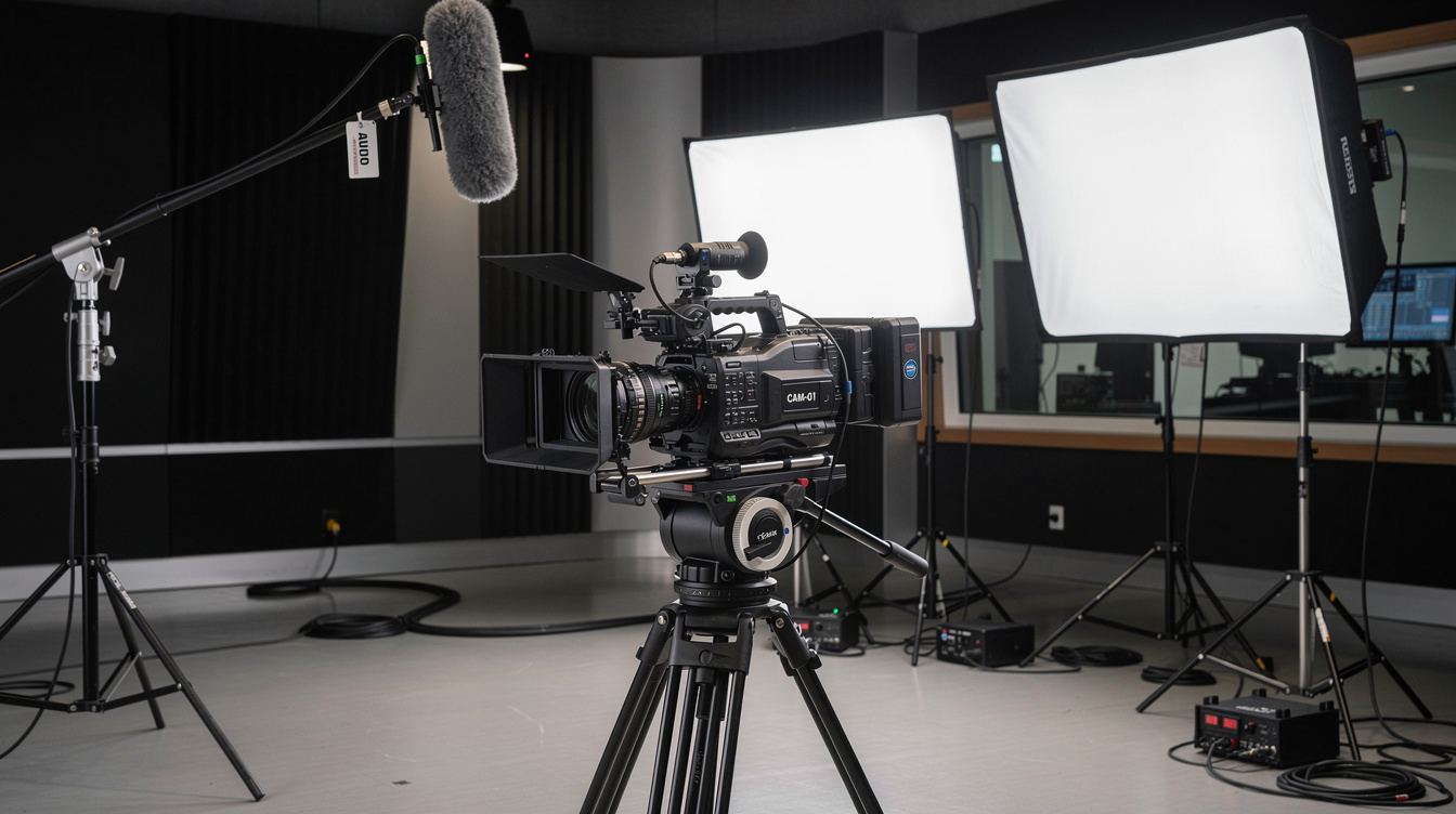 Professional camera and lighting equipment in a studio