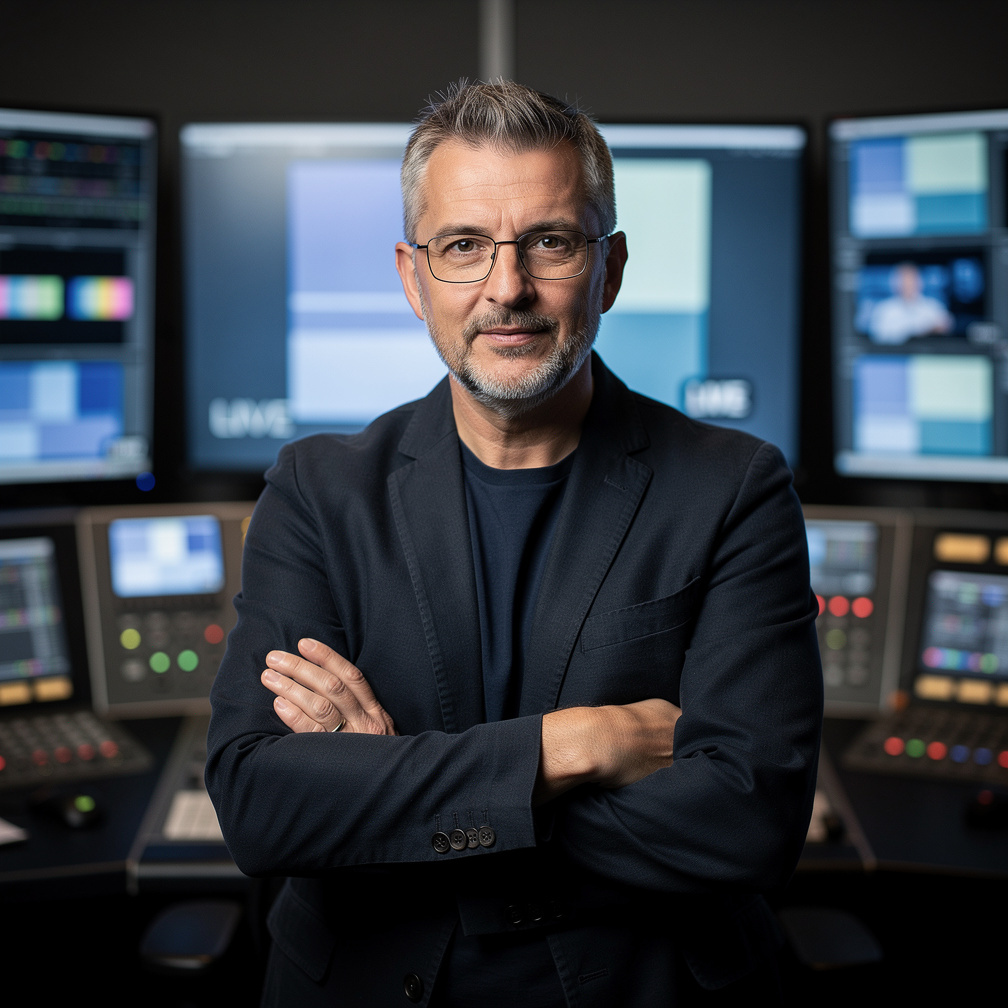 Male news director portrait in a control room