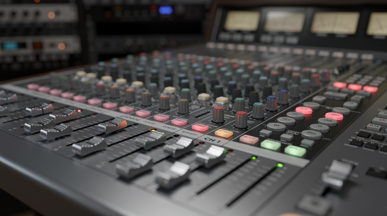 Audio mixing console in a broadcast studio