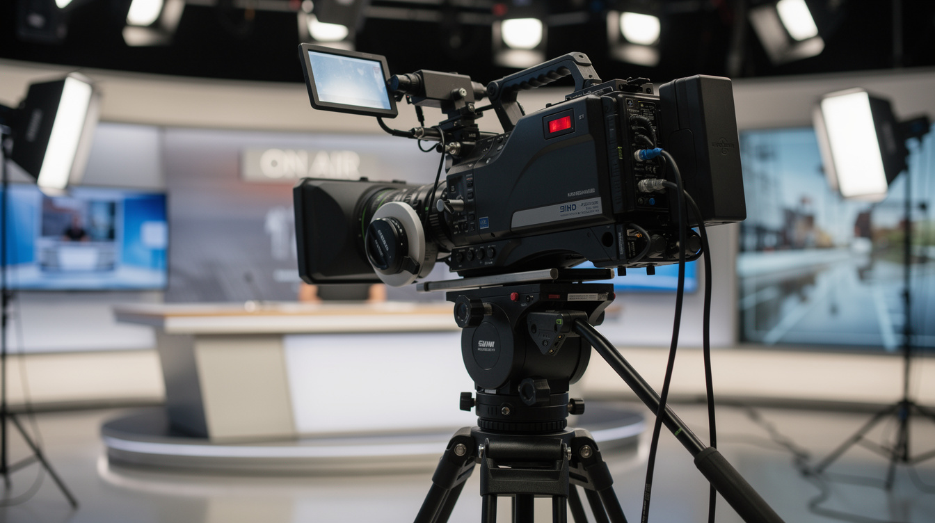 Professional broadcast camera set up in a TV studio