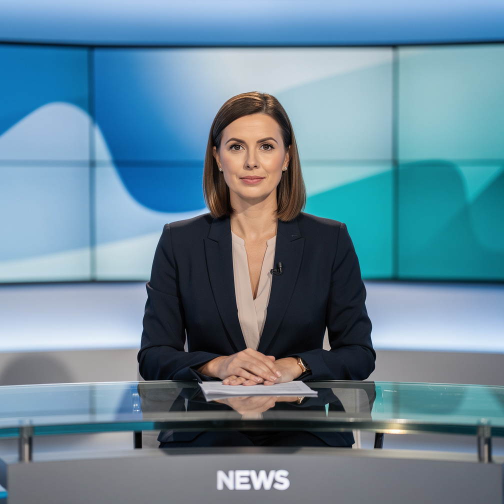 Female news anchor presenting in a TV studio