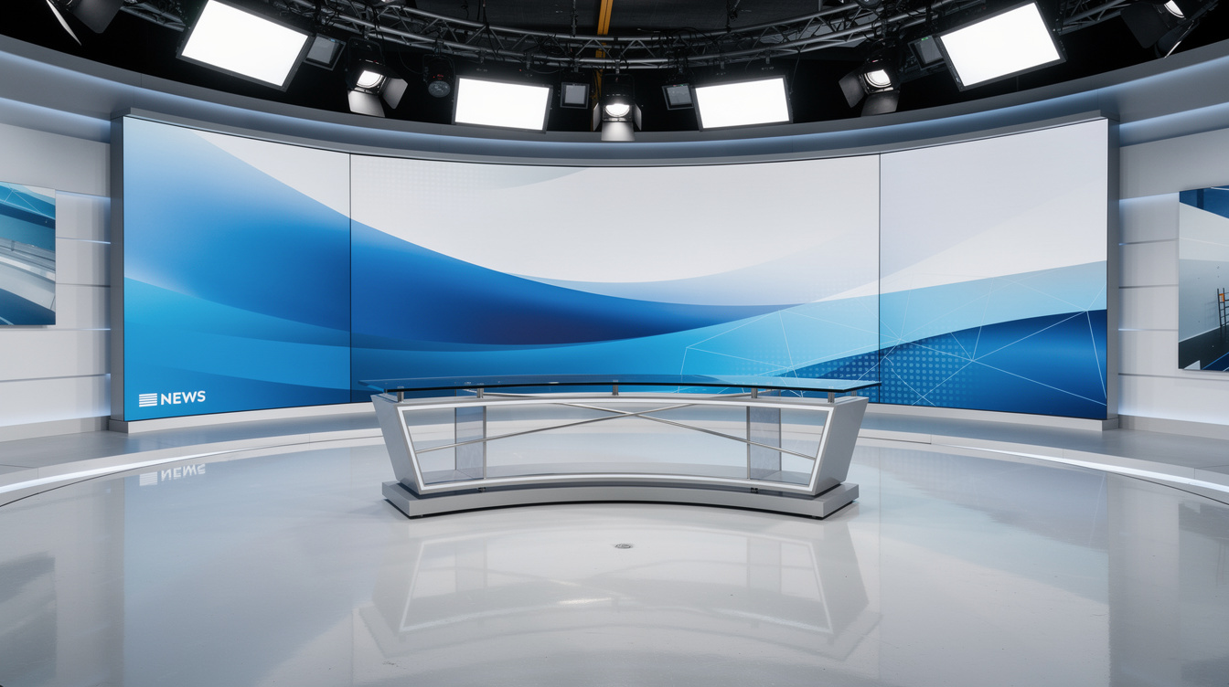 Empty television news studio set with lighting rig