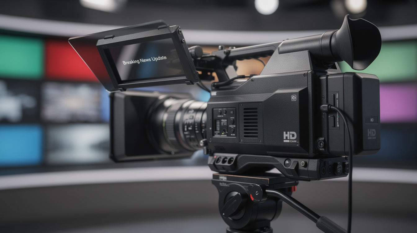 Camera fitted with a teleprompter screen in a news studio
