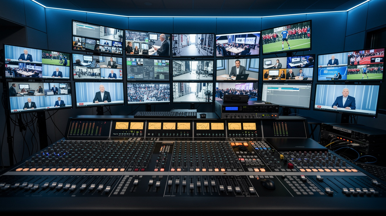 Broadcast control room with multiple video monitors